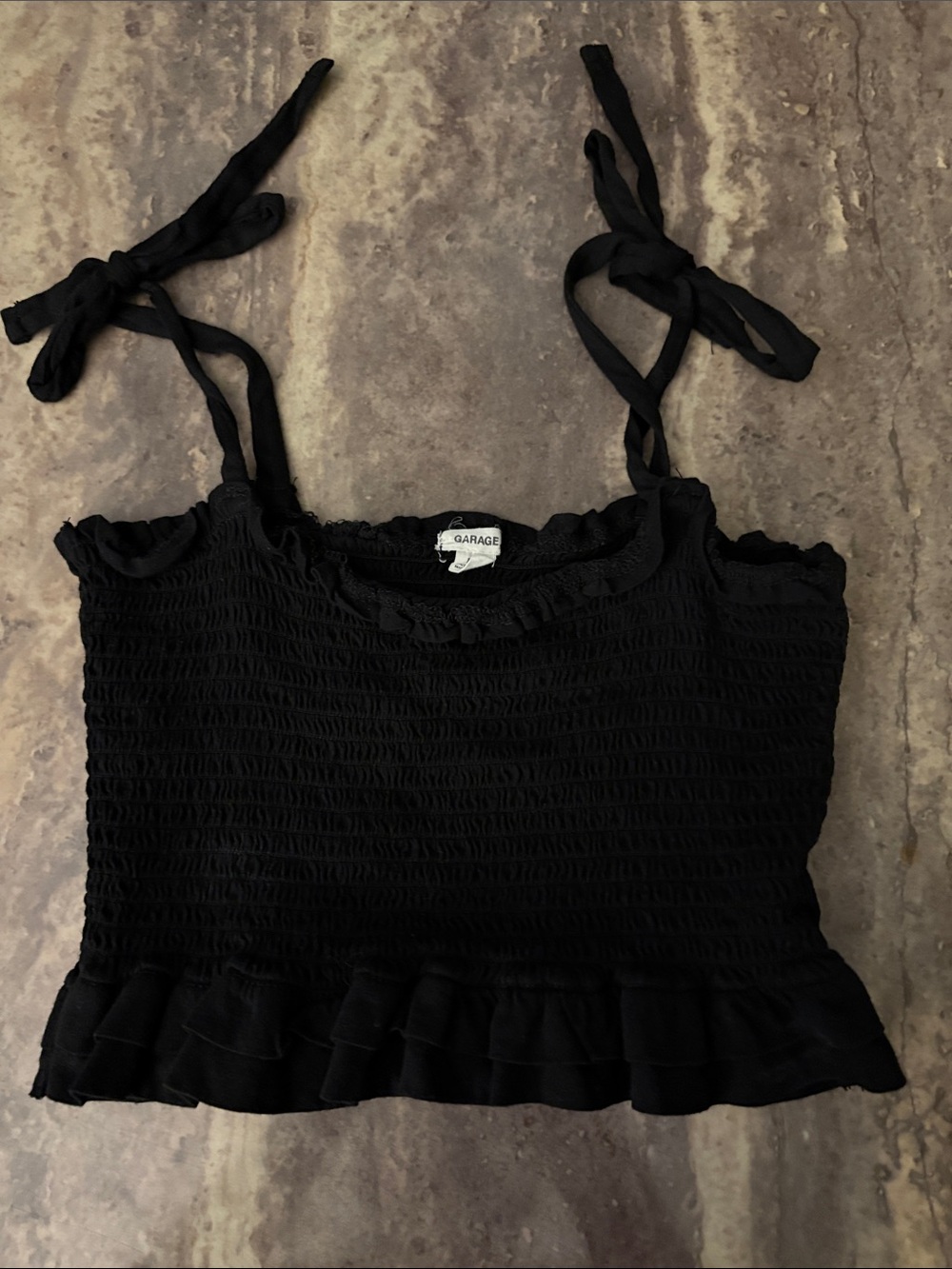 Garage Black Smocked Ruffle Tie-Strap Crop Cami